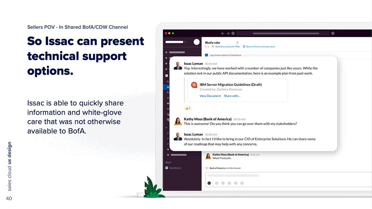The partner rep presents technical support options directly to the buyer in the shared channel, attention the customer could not otherwise reach.